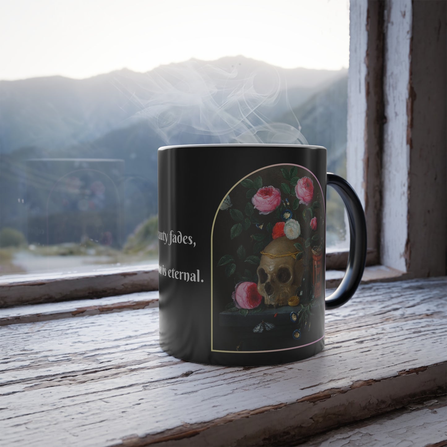 Heat-activated mug showing a vibrant vanitas-inspired skull surrounded by blooming roses, unveiled with hot coffee.