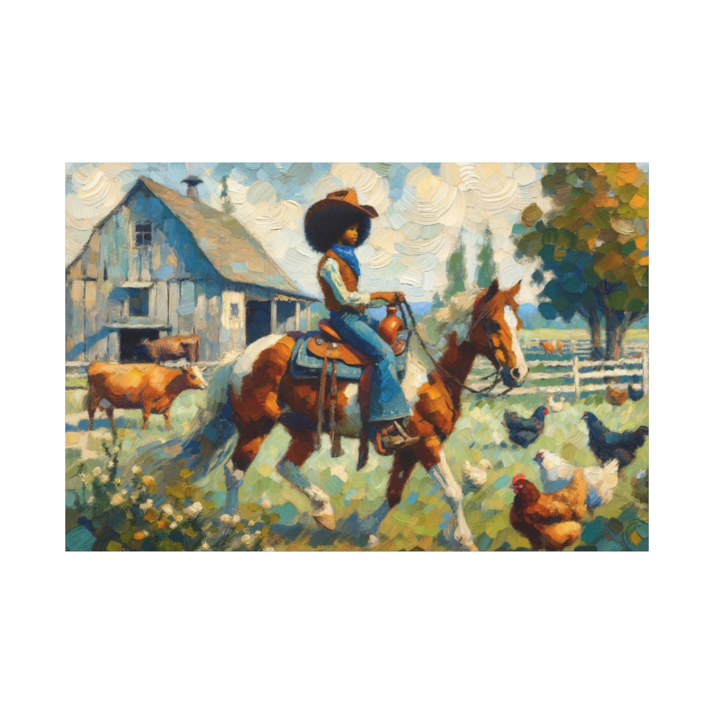 Rustic Farmhouse Wall Art | Cowgirl on Horse Stretched Canvas | Country Barnyard Decor