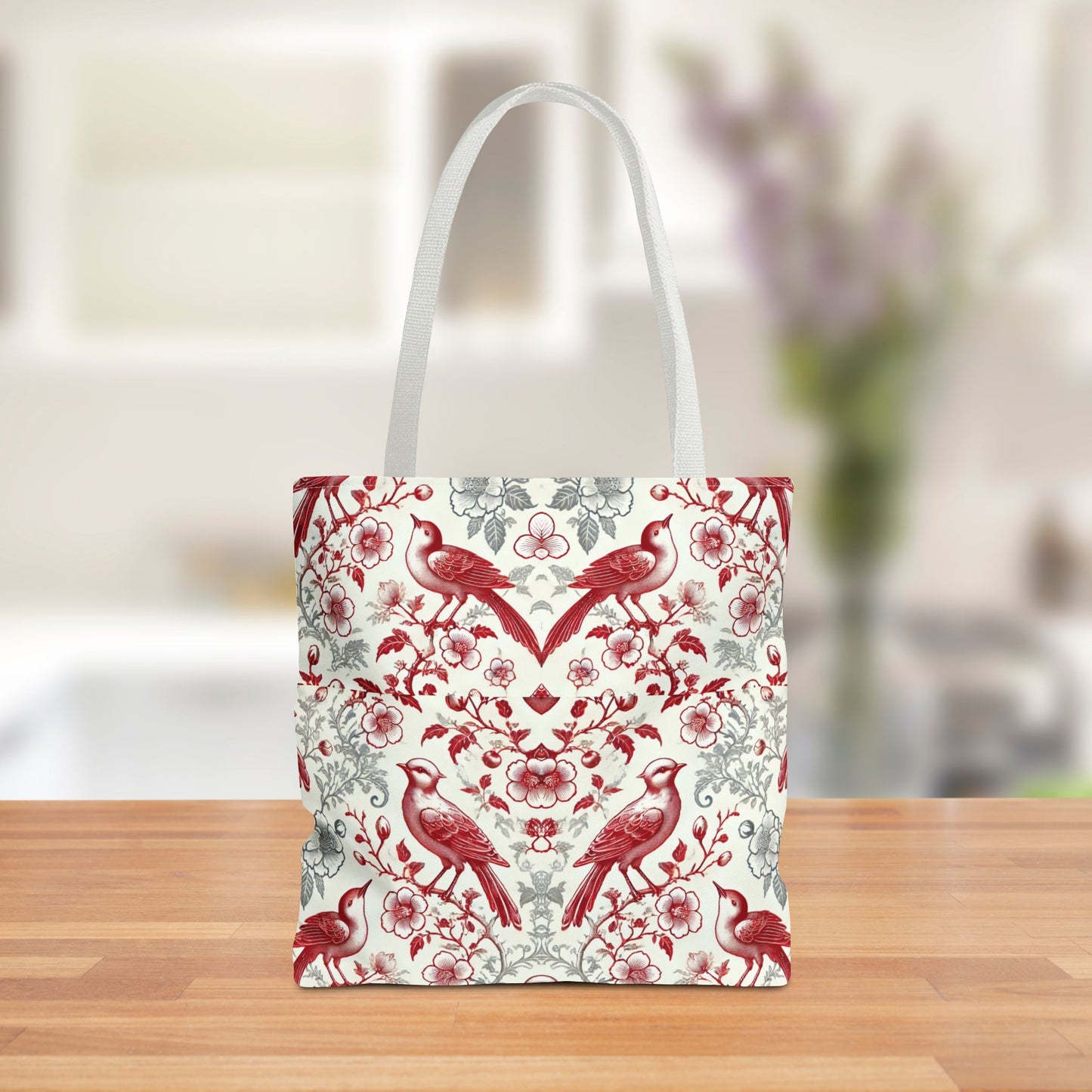 Red & Gray Chinoiserie Bird Tote Bag | Elegant Vintage Floral Baroque Tote | White or Black Handle Option | Reusable Fabric Bag