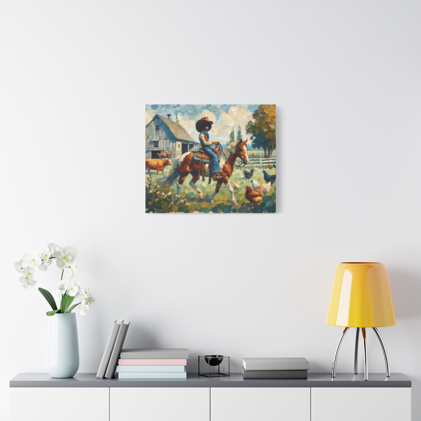 Rustic Farmhouse Wall Art | Cowgirl on Horse Stretched Canvas | Country Barnyard Decor