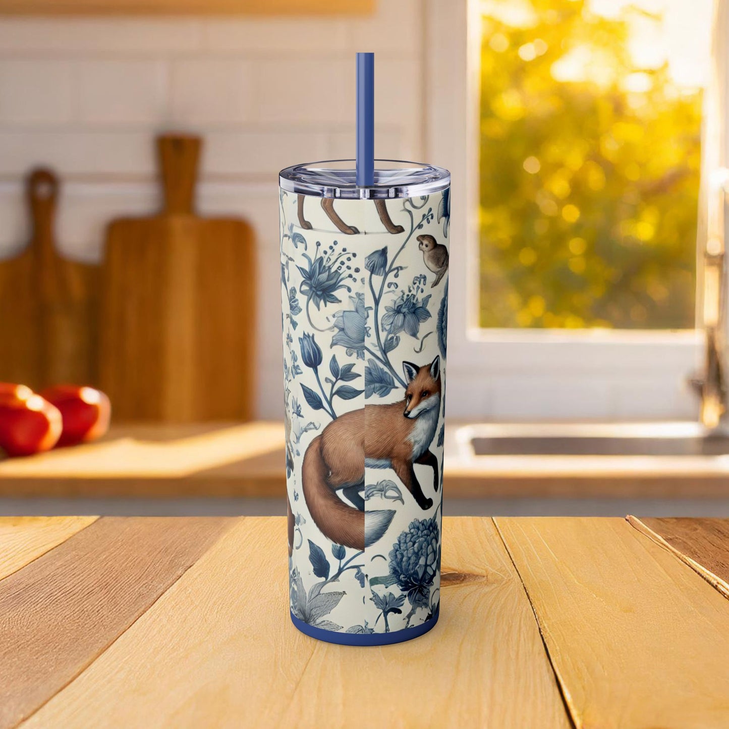 Chinoiserie Blue & White Forest Animals Tumbler | 20oz Maars Stainless Steel Insulated Tumbler with Lid & Straw | Fox & Rabbit Floral Travel Mug