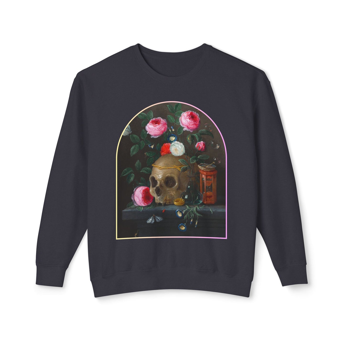Front view of Vanitas Still Life Unisex Crewneck Sweatshirt featuring Jan van Kessel-inspired vintage art with a skull, roses, and symbolic objects.