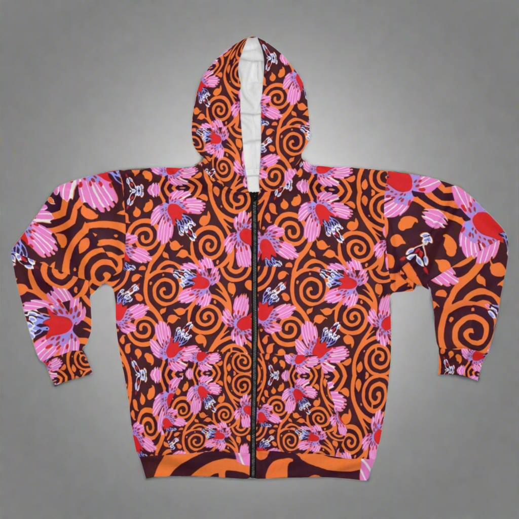 Front view of the E. A. Séguy-inspired hoodie showcasing vibrant Art Deco floral and swirl patterns in shades of orange, pink, and red. The unisex hoodie features a bold design across the entire front.