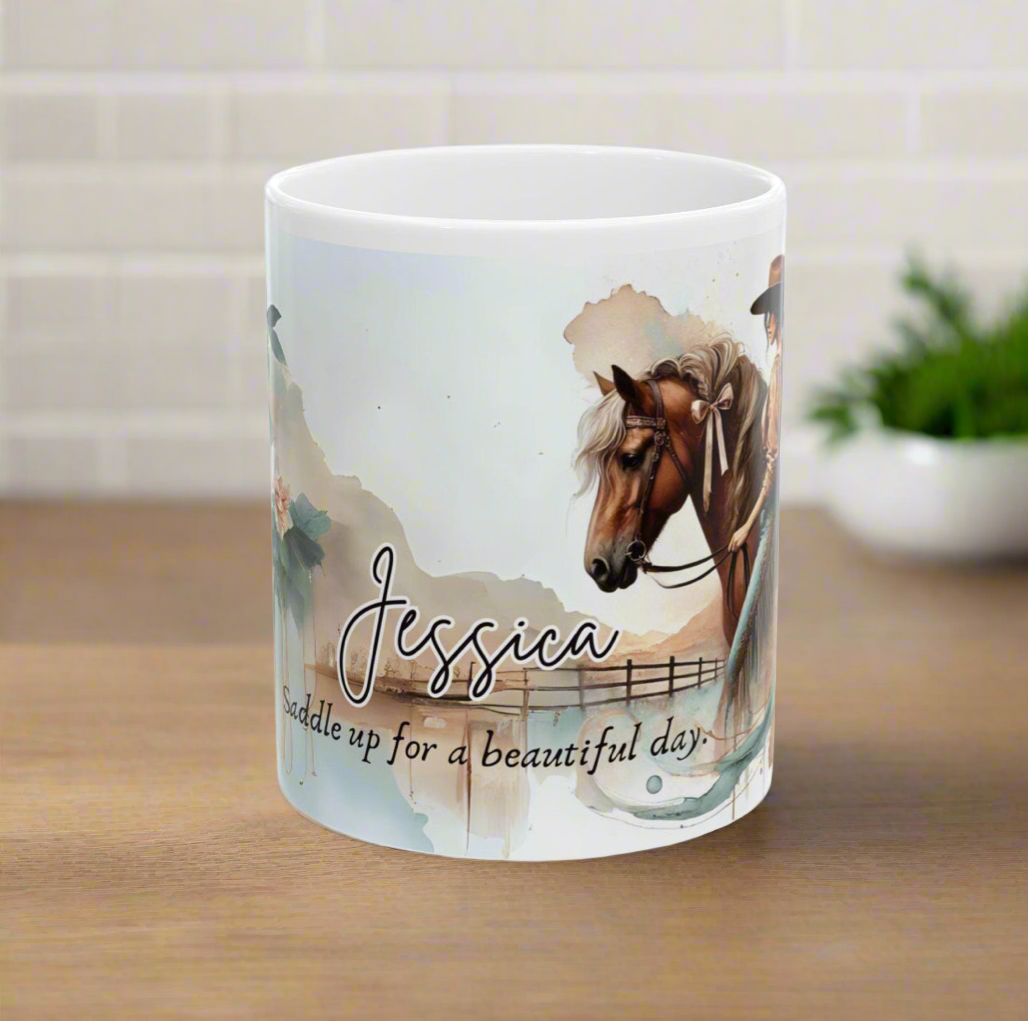 Personalized Western-Themed Coffee Mug | Floral Horsewoman Design | Saddle Up for a Beautiful Day | Custom Name | Available in 11 oz and 15 oz