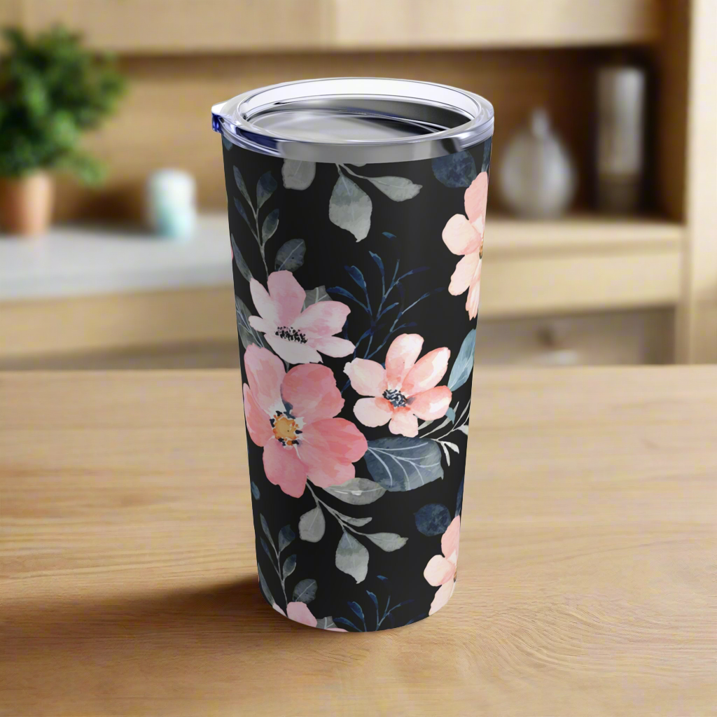 Elegant Floral Tumbler – 20oz Black & Pink Flower Design