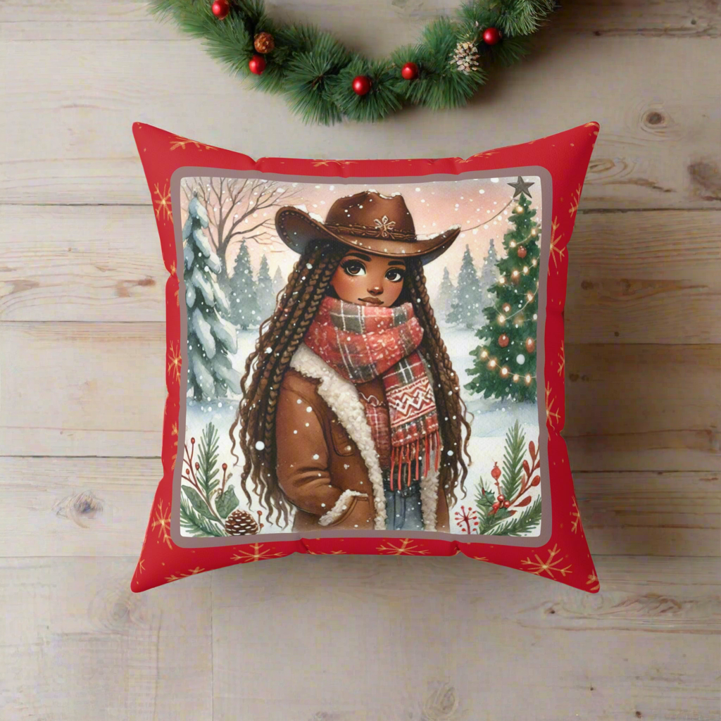 Front view of a rustic Christmas throw pillow featuring a cowgirl in a snowy holiday scene with festive accents.