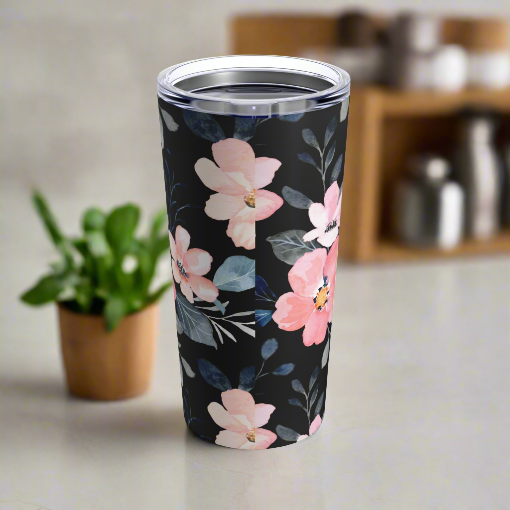 Elegant Floral Tumbler – 20oz Black & Pink Flower Design