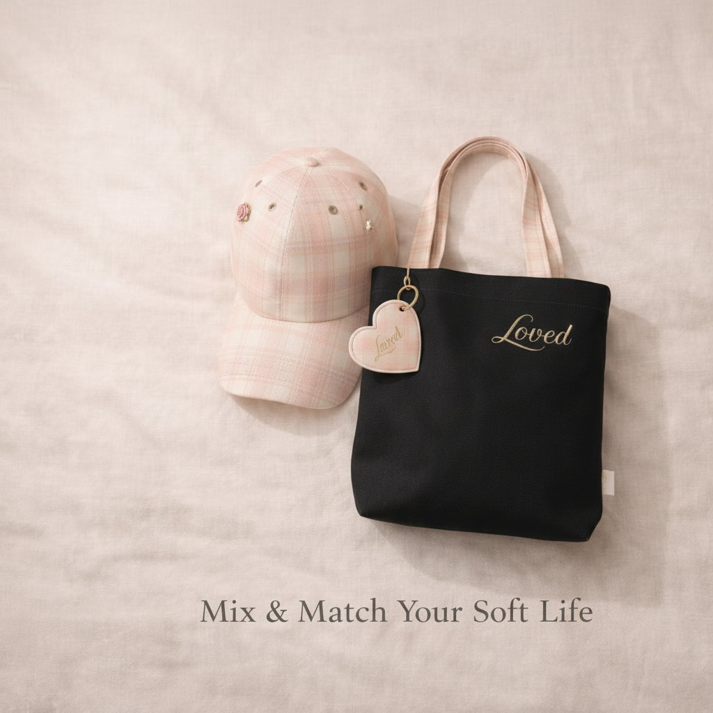 Black tote bag with 'Loved' engraving and pink heart-shaped tag on a beige surface.