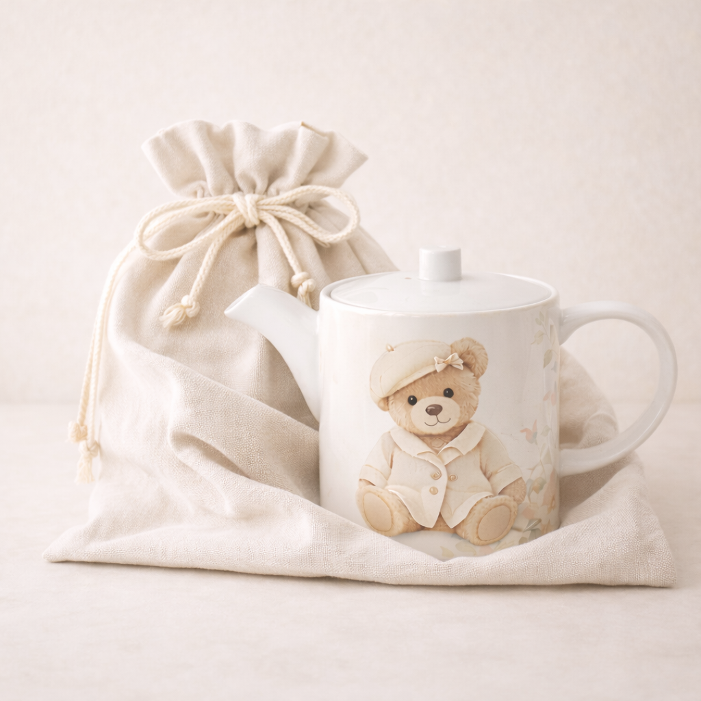 White teapot with teddy bear design in a drawstring bag on a light background