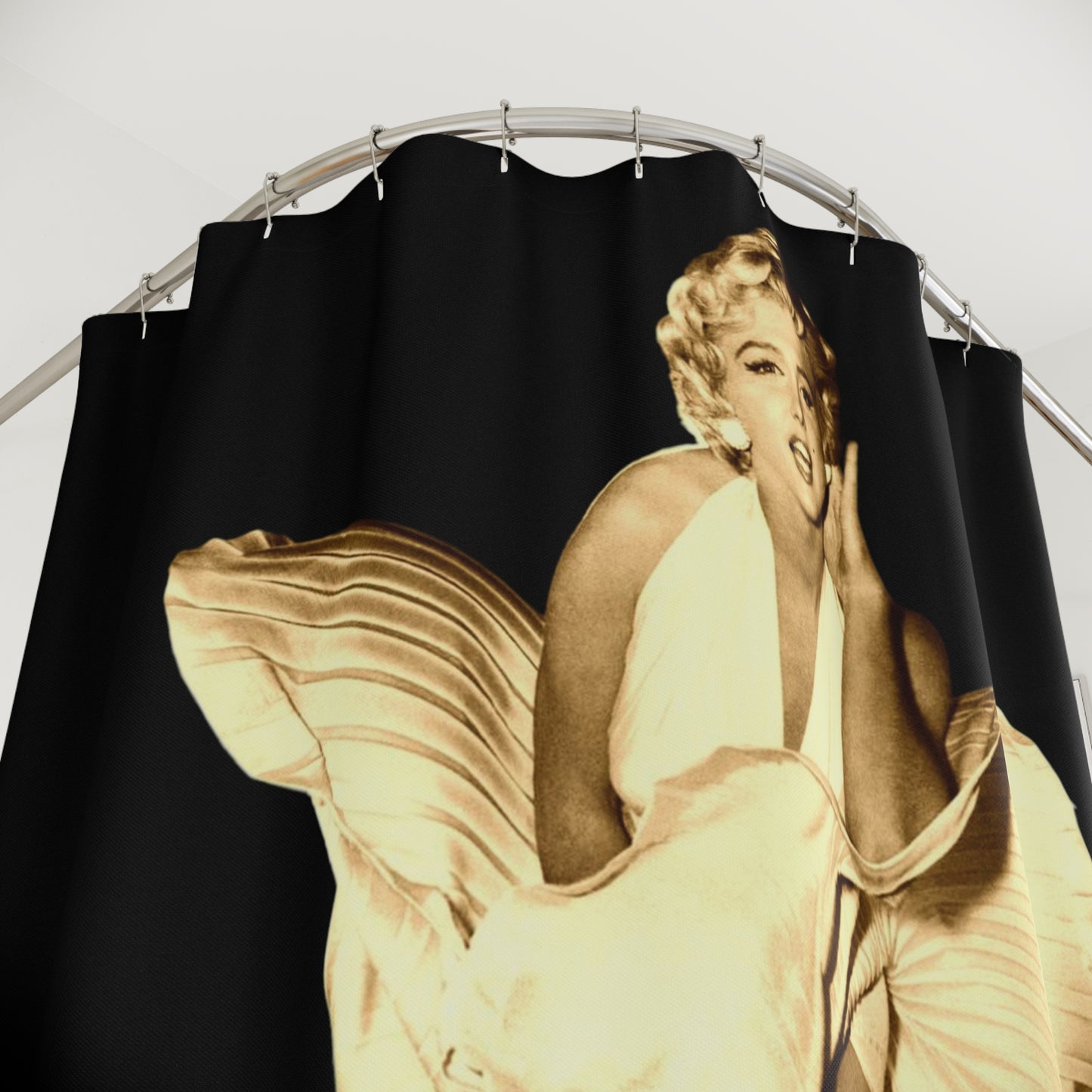 Close-up of Marilyn Monroe's iconic white dress and quote shower curtain