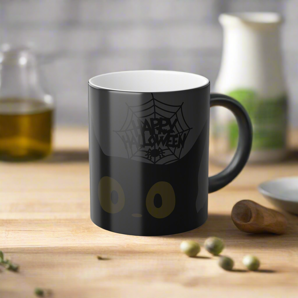 Magic morphing Halloween mug with black cat design on an white background, 11oz coffee cup