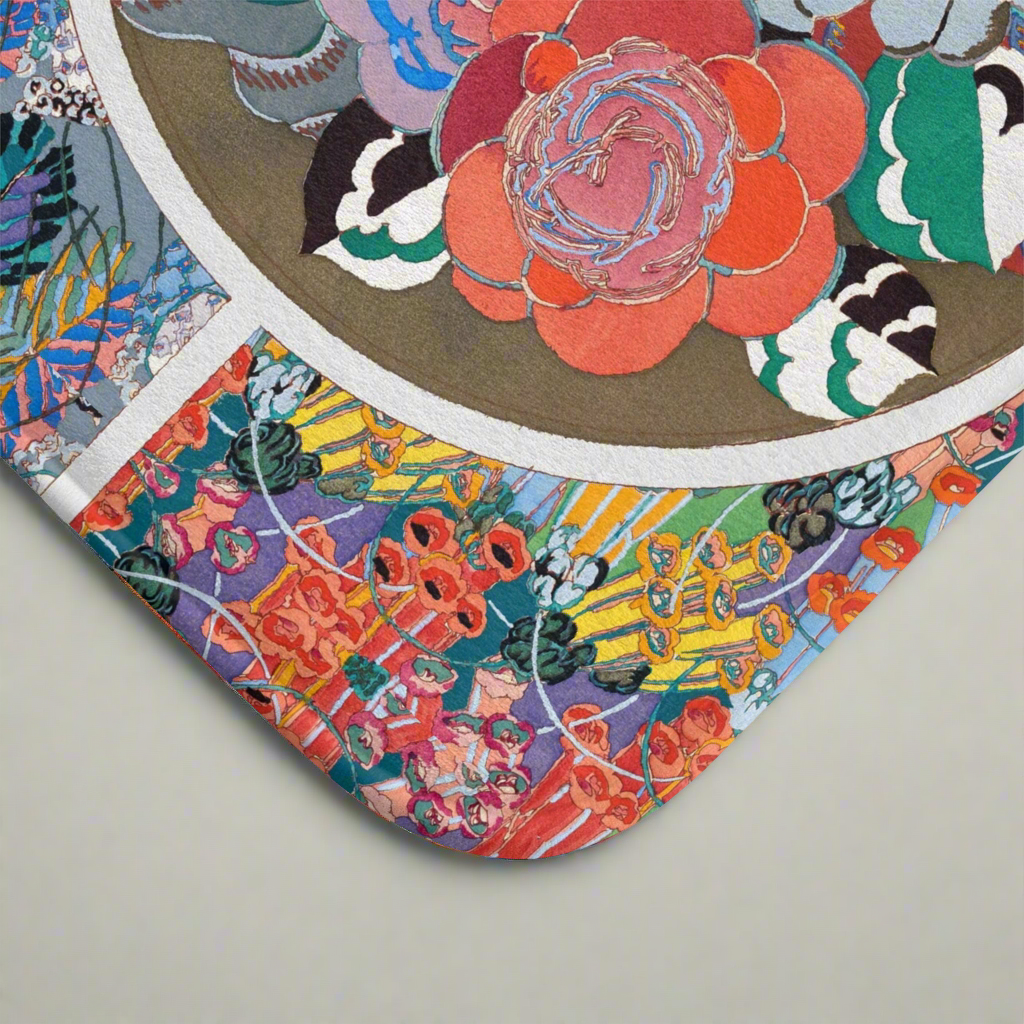 Floral Art Deco bath mat featuring Édouard Bénédictus’ intricate 1928 floral design in vibrant colors, adding vintage elegance to a modern bathroom.