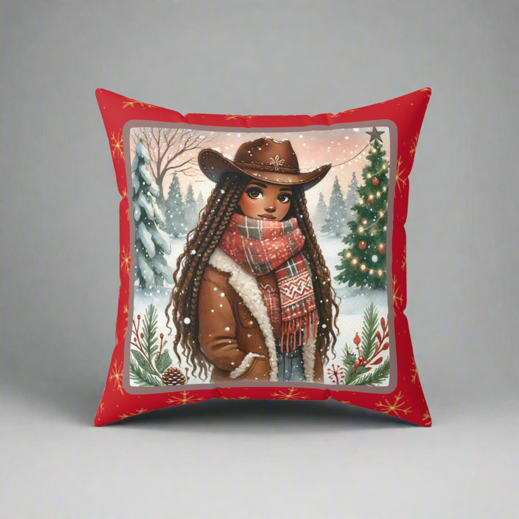 Front view of a rustic Christmas throw pillow featuring a cowgirl in a snowy holiday scene with festive accents.