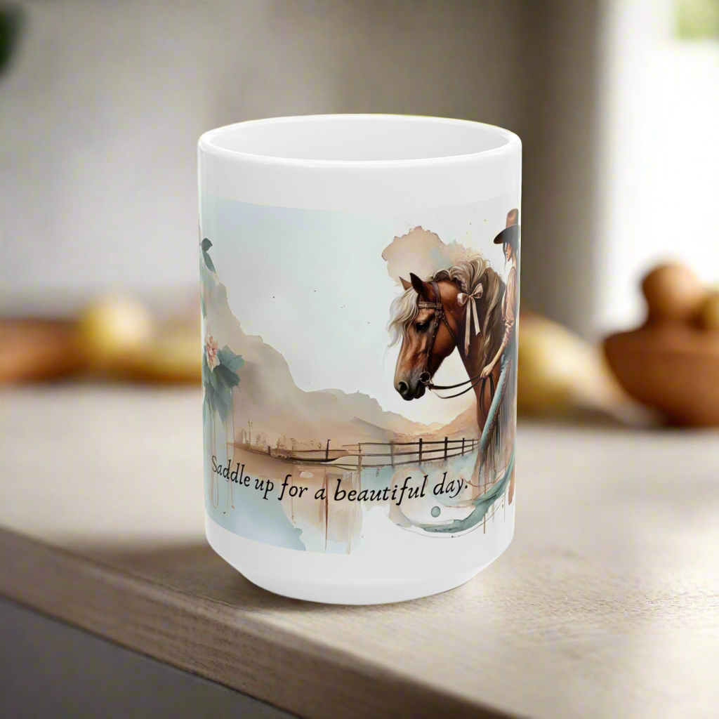 Personalized Western-Themed Coffee Mug | Floral Horsewoman Design | Saddle Up for a Beautiful Day | Custom Name | Available in 11 oz and 15 oz