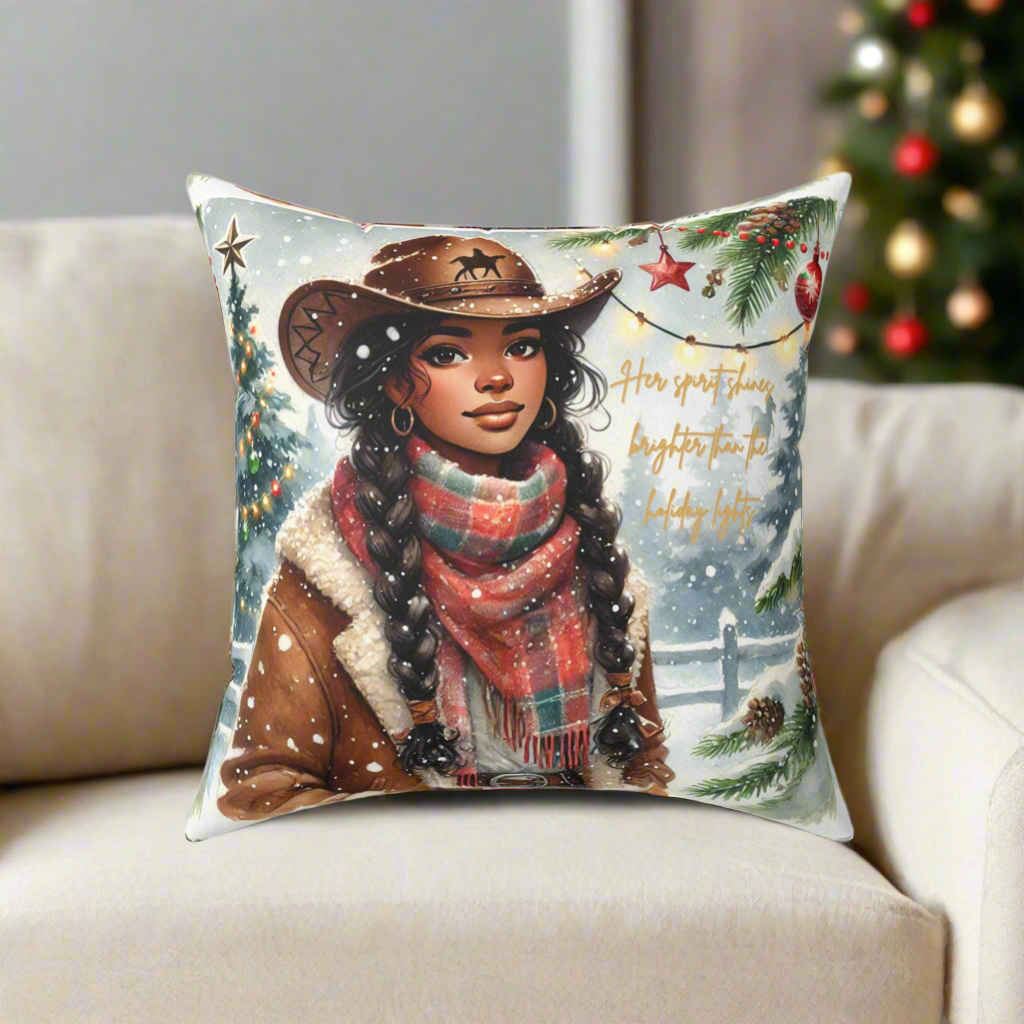 Square throw pillow with a Western cowgirl illustration, featuring a cozy scarf, snowflakes, and a Christmas tree background.