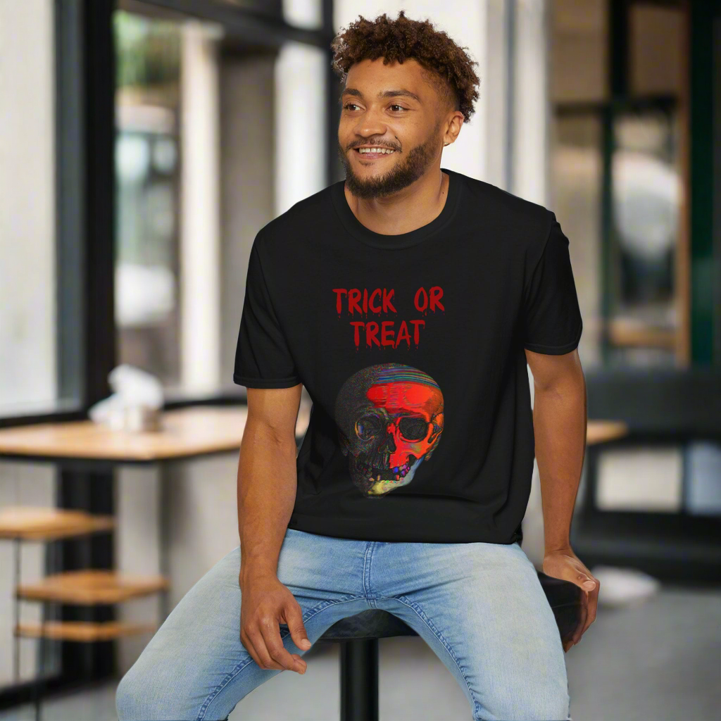 Front view of an person wearing Trick or Treat Skull Halloween T-Shirt featuring a spooky skull design, perfect for Halloween.
