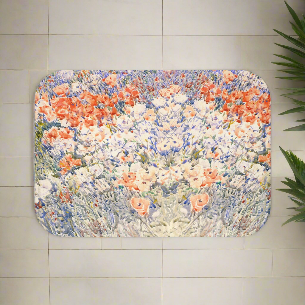 Luxurious bath mat with Childe Hassam’s "The Island Garden" vibrant floral and greenery design, adding elegance and artistic flair to a modern bathroom.