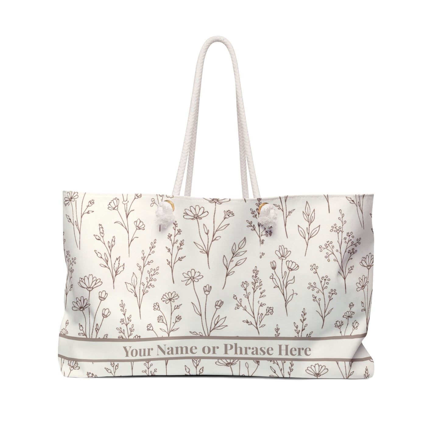 Floral patterned tote bag with customizable text on a white background