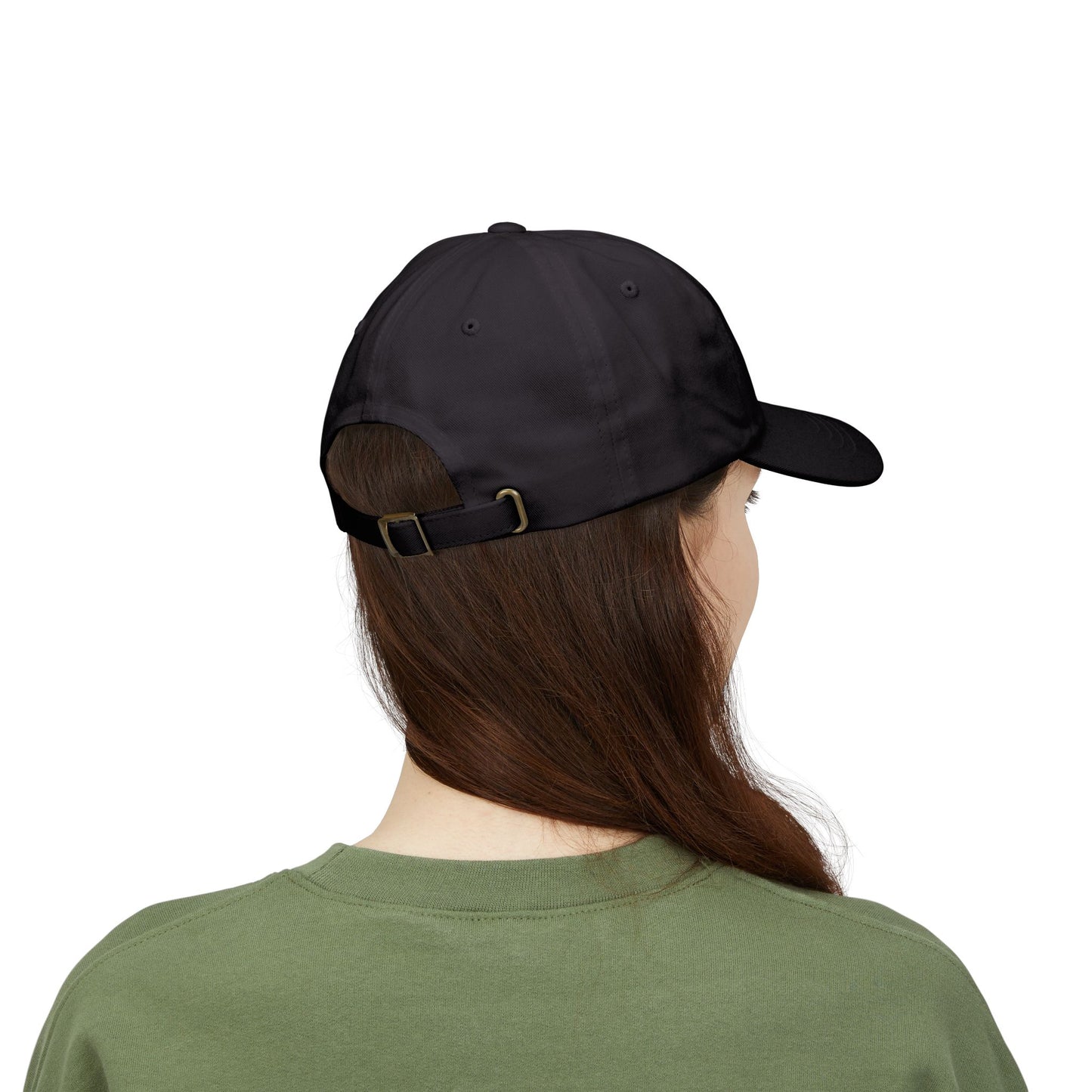 Back view of the dad hat with the phrase “I’m not aspiring to be humble” embroidered in bold.
