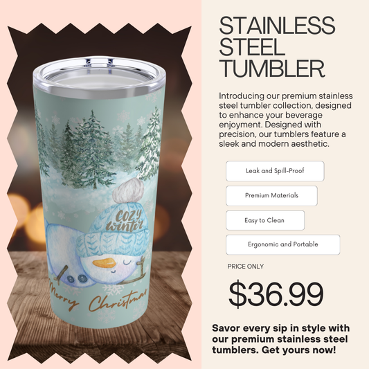 20oz stainless steel tumbler with cozy snowman design, premium materials, and ergonomic design. Priced at $36.99 for festive and stylish beverage enjoyment.