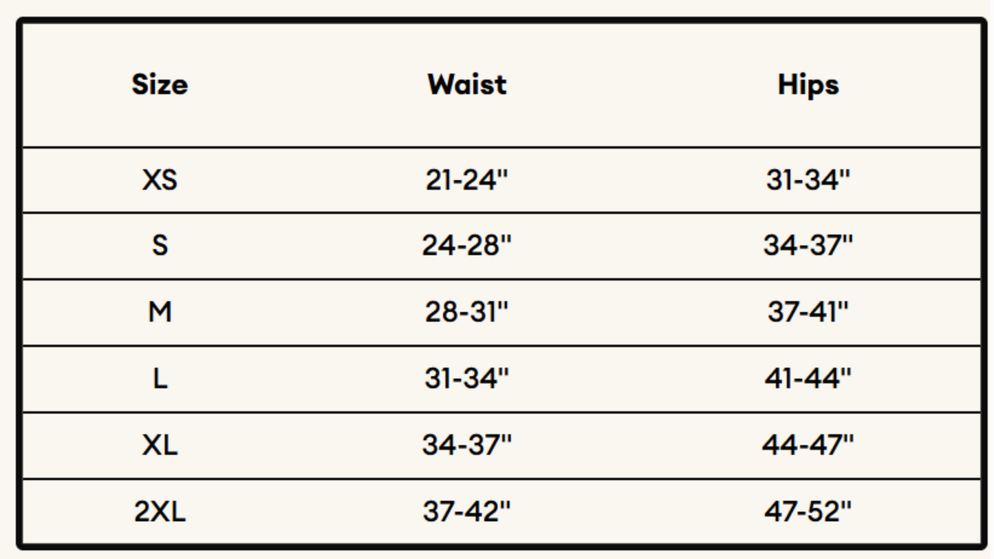Size chart for waist and hips with measurements in inches