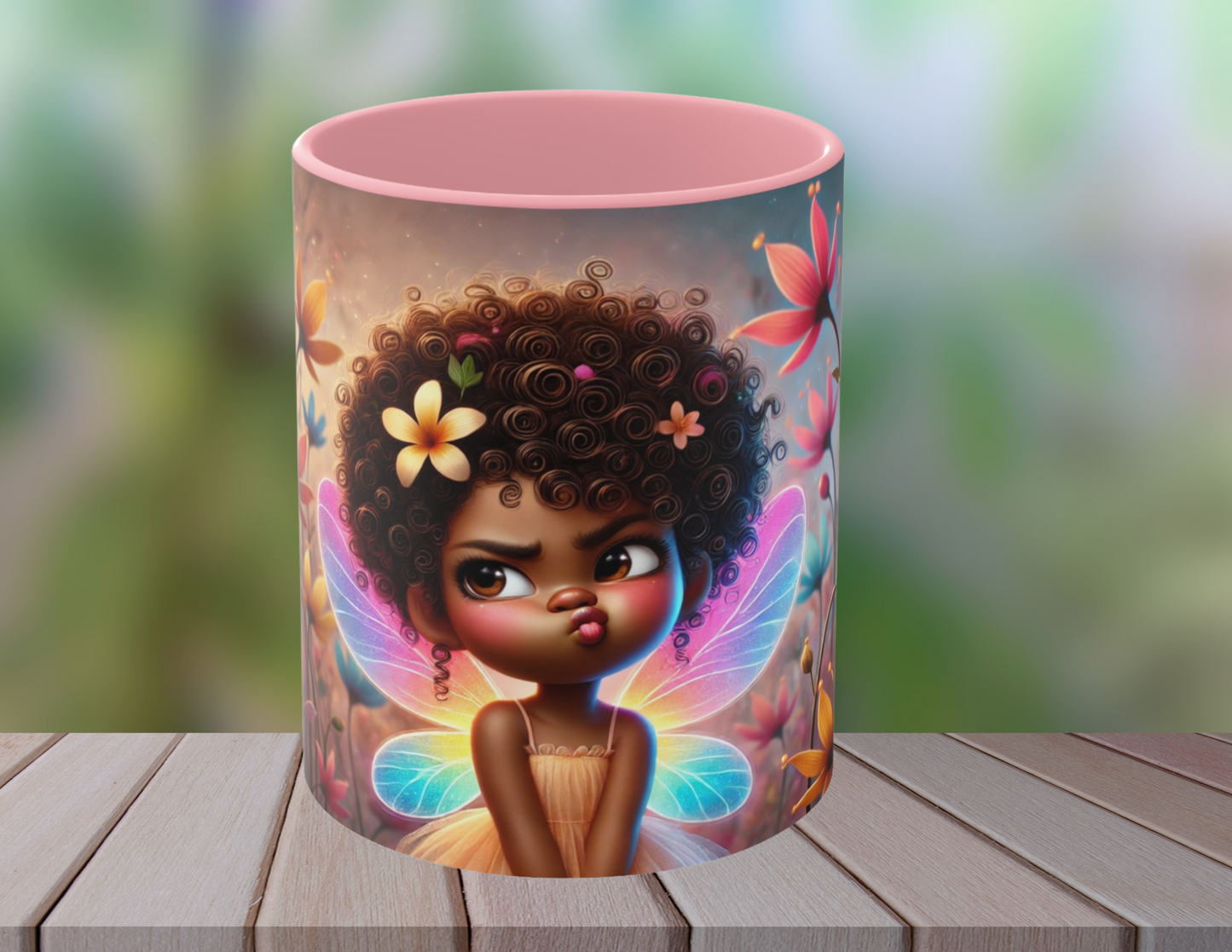 Afro fairy coffee mug with a witty quote in a vibrant flower garden, front view