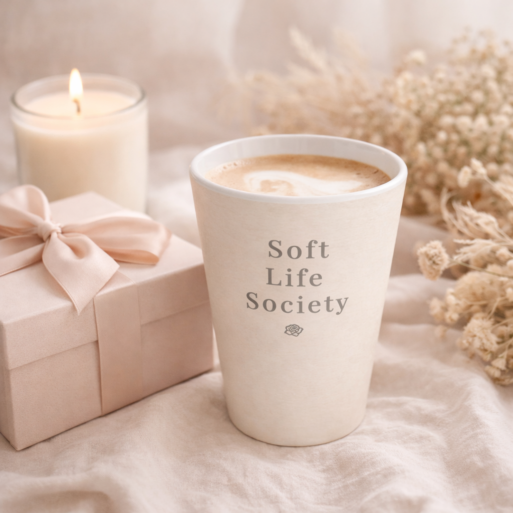 Cream ceramic cup with 'Soft Life Society' text, candle, and gift box on a soft surface.