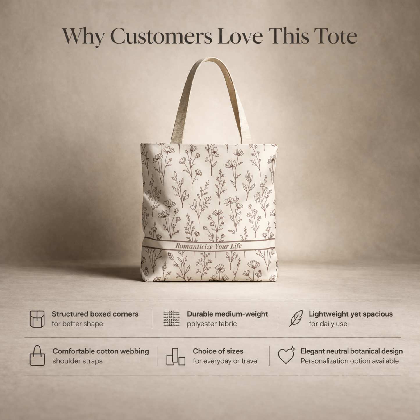Tote bag with floral pattern on a beige background, featuring text about why customers love it.
