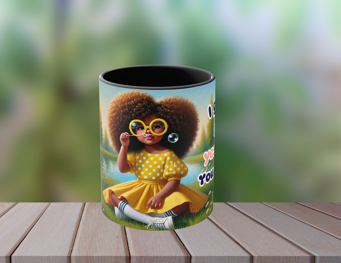 Full wraparound design of the mug with bold text and Afrocentric art, perfect for coffee lovers with a sense of humor.
