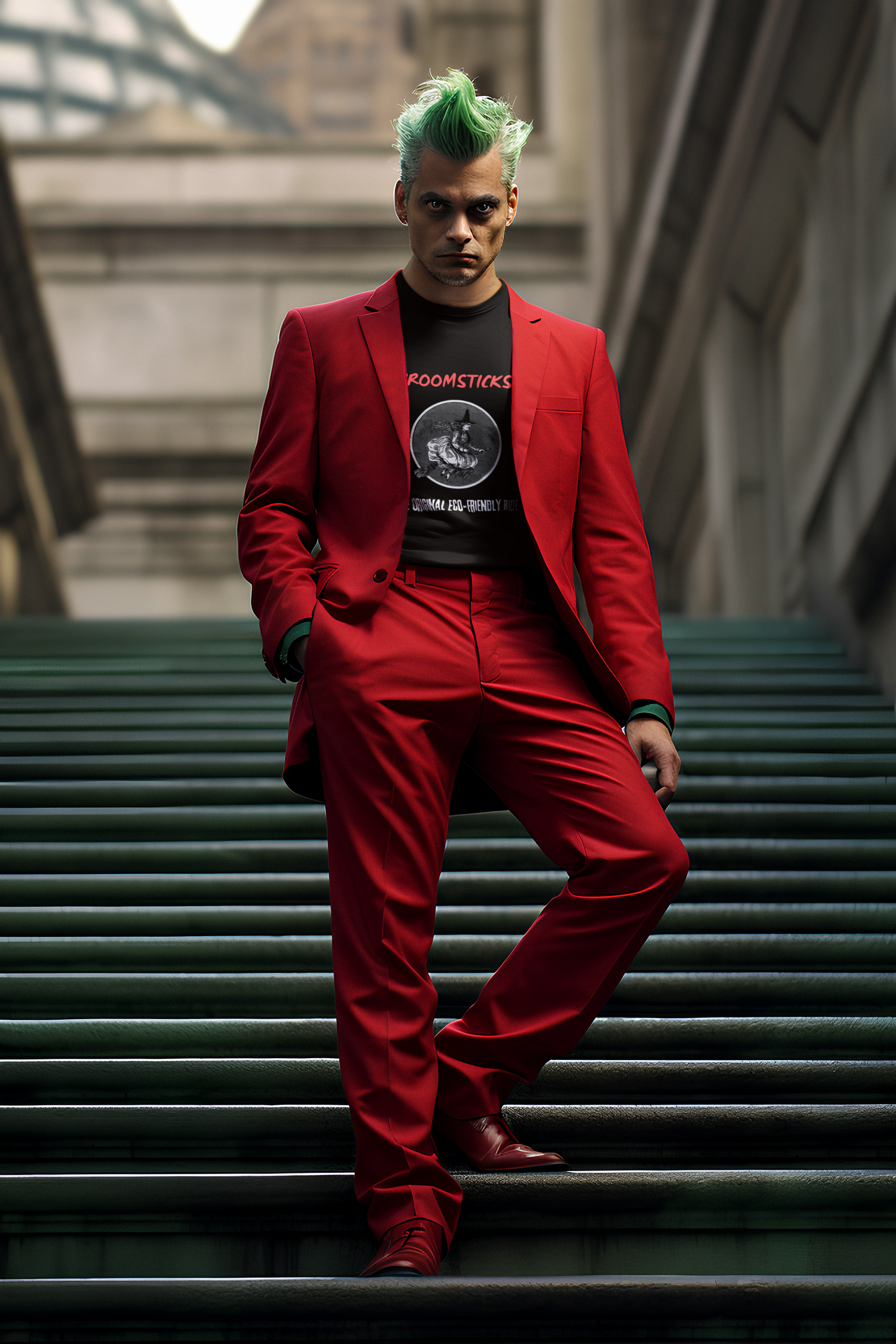 Joker-inspired Halloween fashion featuring a man with green hair and a red suit, wearing the 'Broomsticks' eco-friendly t-shirt. This stylish black t-shirt showcases a vintage witch design, perfect for Halloween and eco-conscious shoppers.