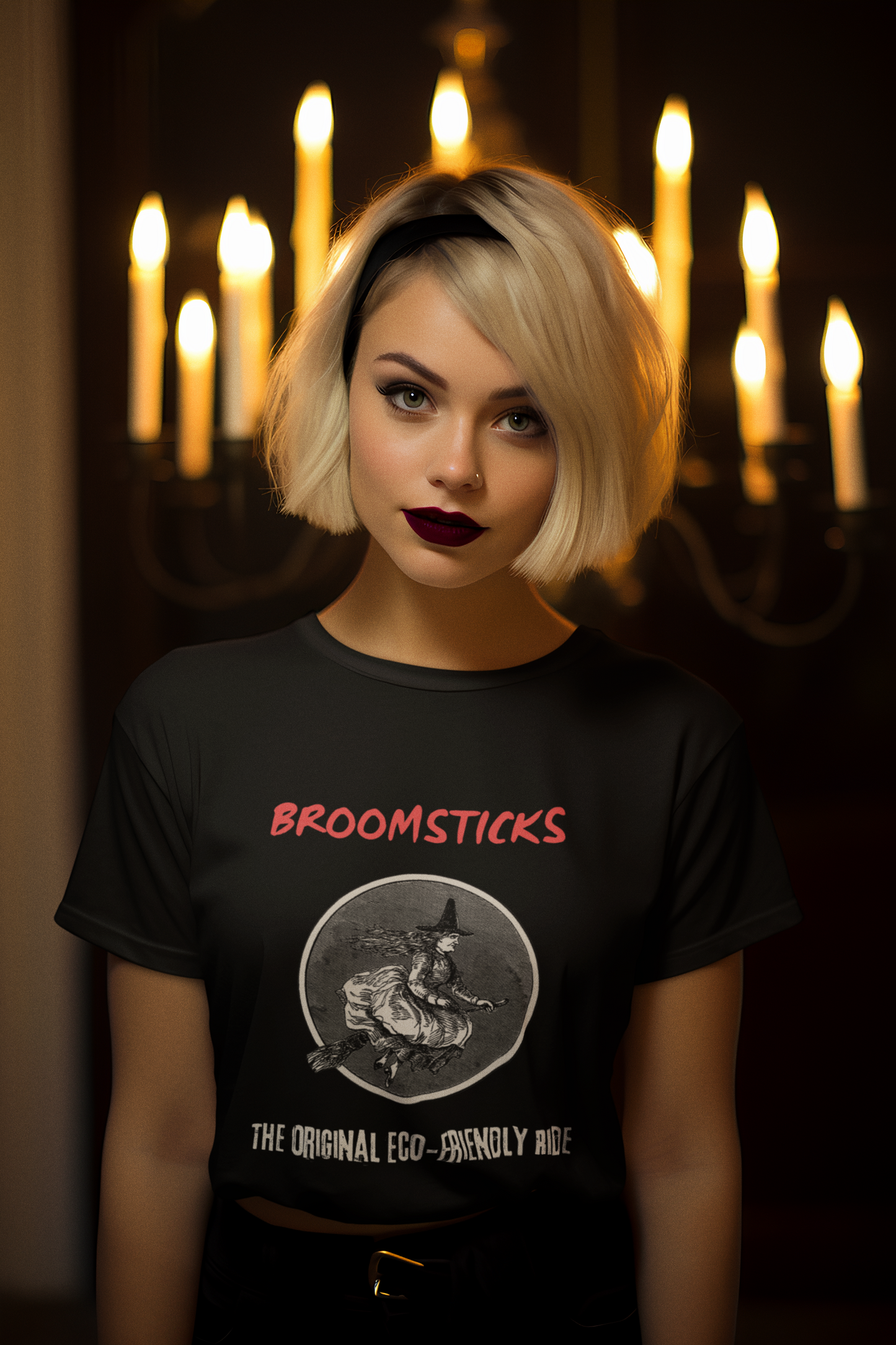Witchy Halloween look featuring a woman with short blonde hair, styled in a Sabrina-inspired look, wearing a black 'Broomsticks' t-shirt with vintage witch design. Perfect for spooky season and eco-friendly fashion lovers looking for a sustainable Halloween statement.