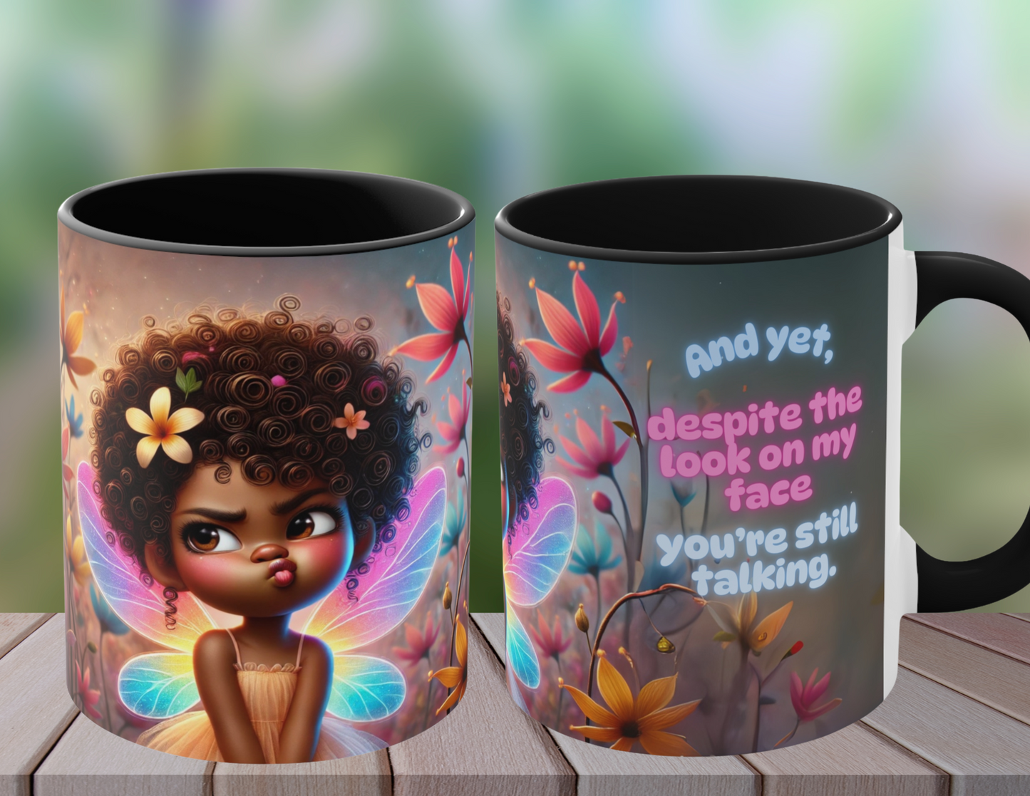 Afro fairy coffee mug with a witty quote in a vibrant flower garden, Side by side view