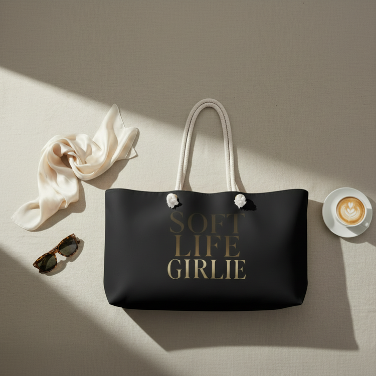 Black Soft Life Girlie tote bag with gold lettering styled on a neutral background with silk scarf, sunglasses, and coffee in soft natural light