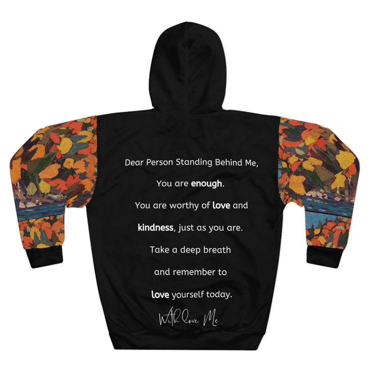 Back view of the hoodie with motivational message and colorful autumn foliage artwork by Tom Thomson.