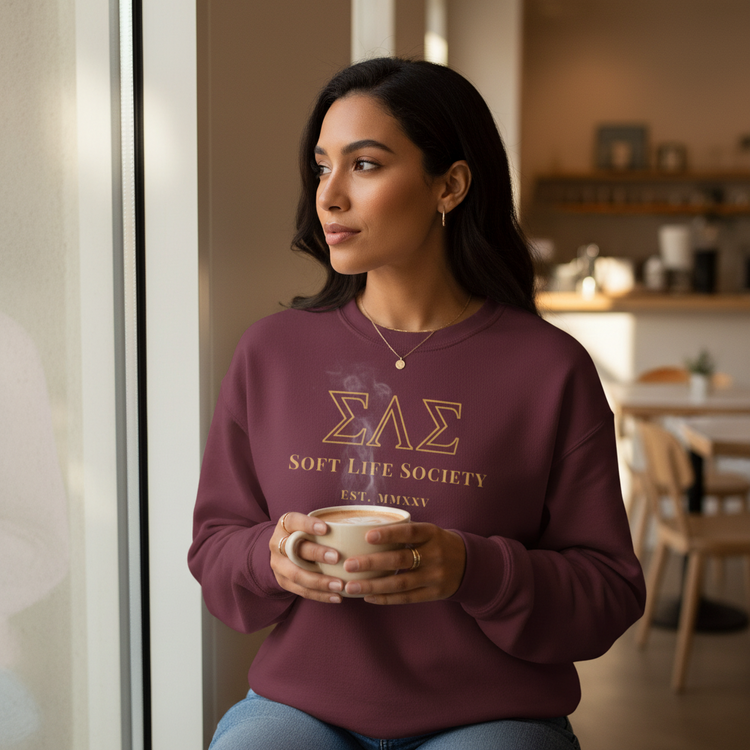Black Soft Life Society sweatshirt with gold Greek-inspired SLS letters and sleeve detailing displayed on a clean white background.
