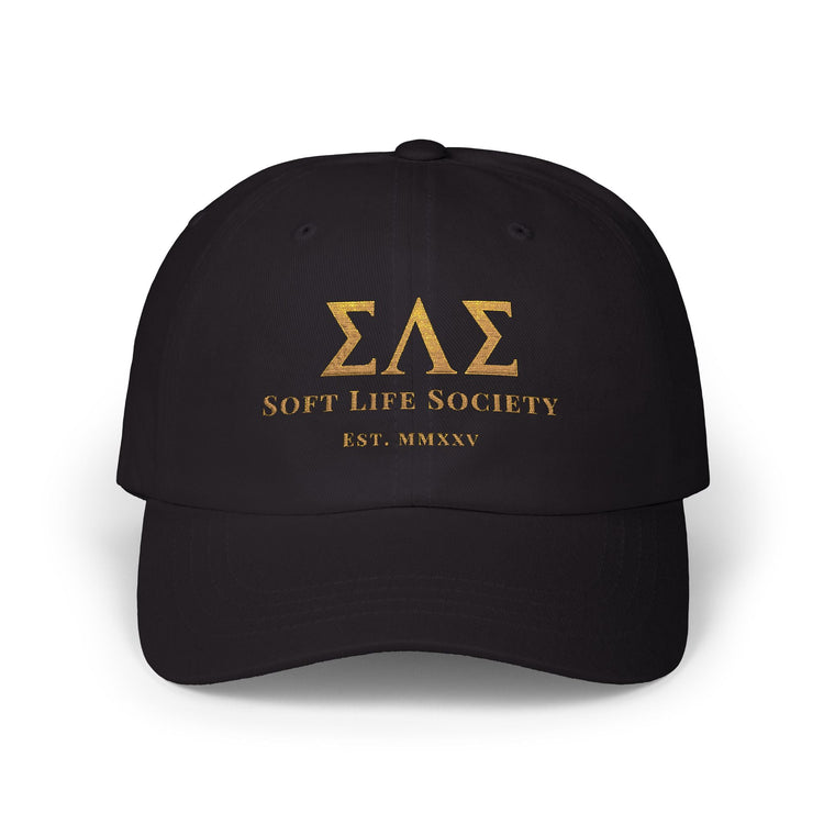 Black Soft Life Society baseball cap featuring embroidered gold Greek letters ΣΛΣ and gold text, minimalist luxury soft-life apparel.