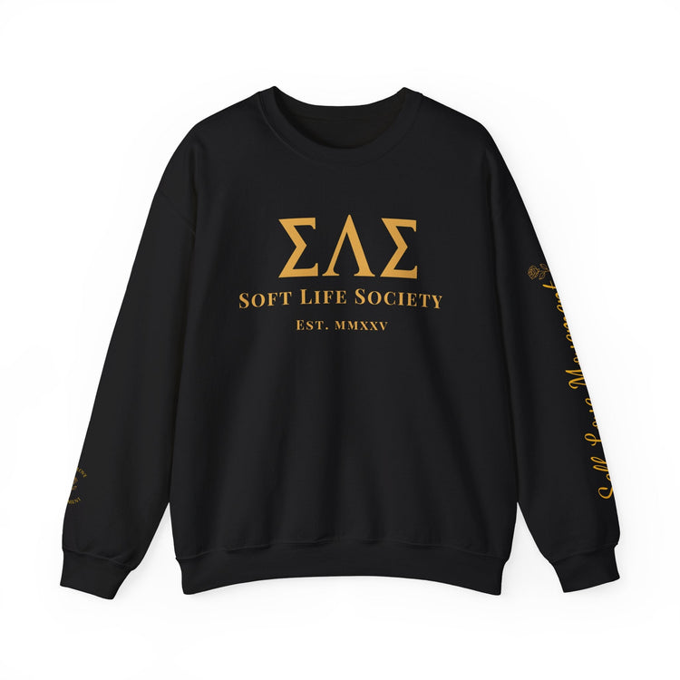 Black Soft Life Society crewneck sweatshirt featuring gold Greek letters and luxury gold sleeve accents, displayed flat on white background.