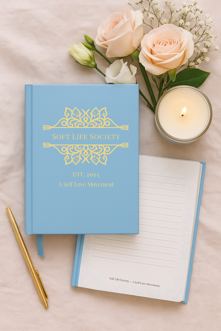 Soft Life Society journals styled with blush roses and a lit candle on a soft fabric background, creating a calming and intentional lifestyle vibe.