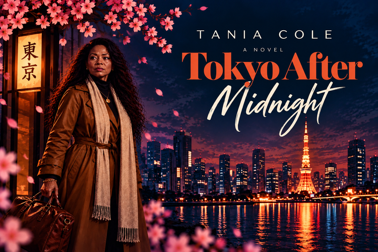 Tokyo After Midnight by Tania Cole banner featuring Simone in Tokyo at night with cherry blossoms and Tokyo Tower.