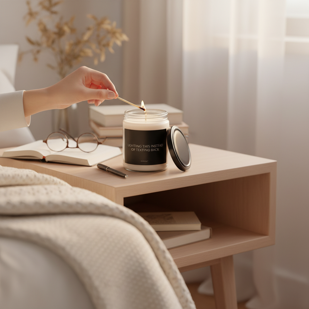 Person lighting a candle on a bedside table with books and glasses nearby