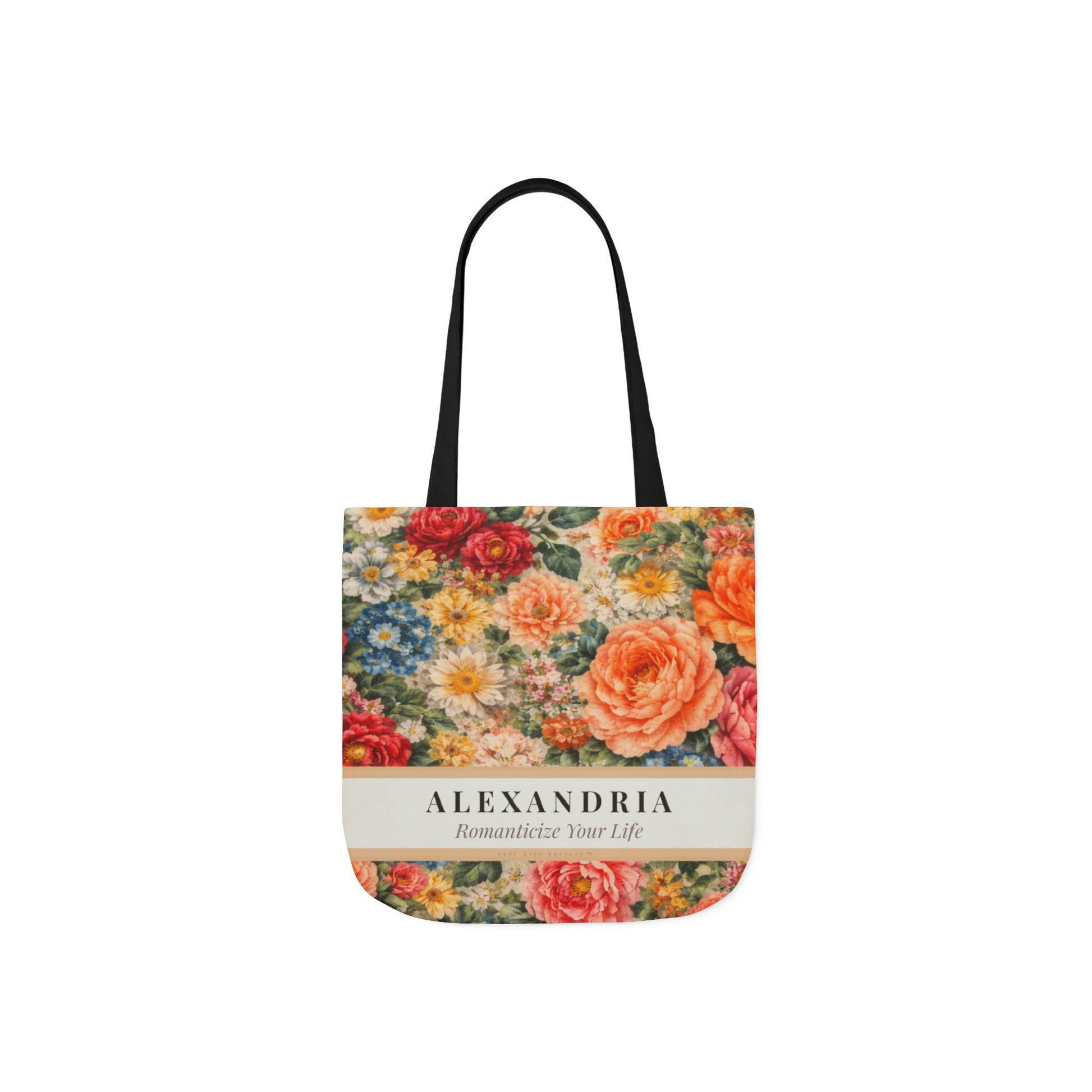 Floral tote bag with 'Alexandria' branding on a white background