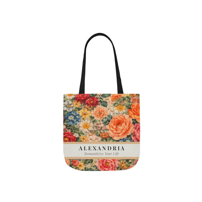 Floral tote bag with 'Alexandria' branding on a white background