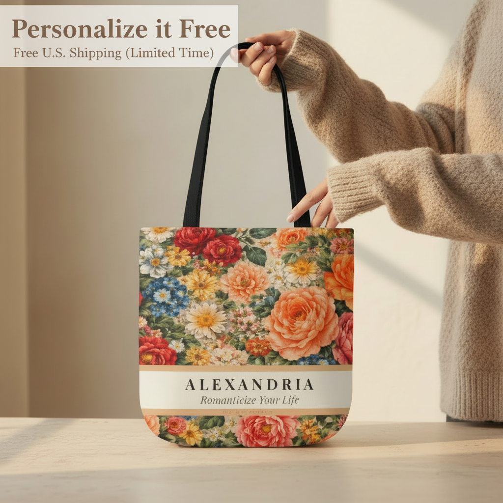 Floral tote bag with 'Alexandria' branding held by a person wearing a beige sweater.