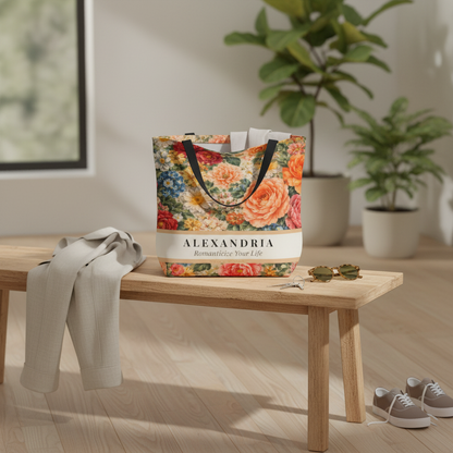Floral tote bag with 'Alexandria' branding on a wooden bench in a bright room with plants.