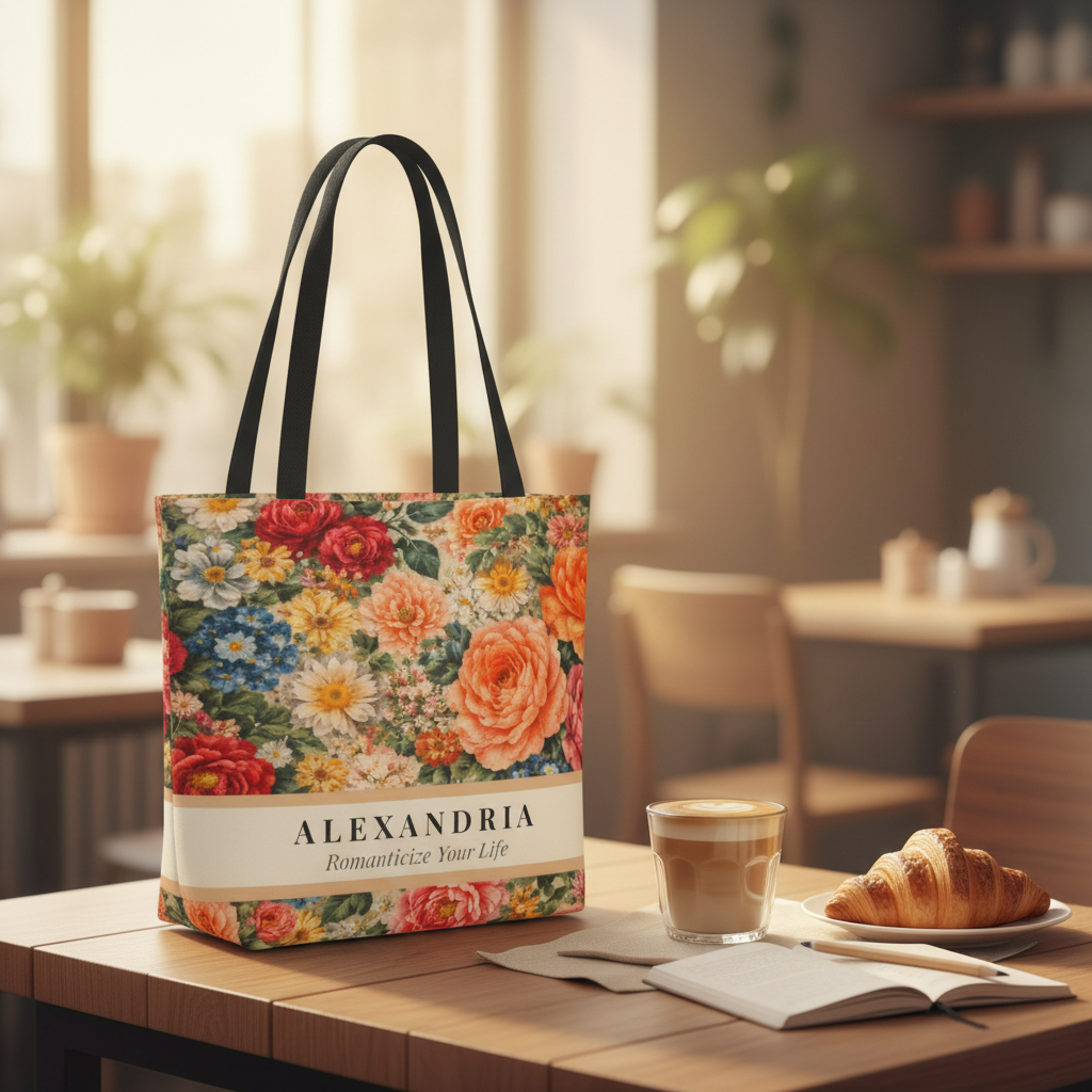 Floral tote bag with 'ALEXANDRIA' branding on a table with coffee and pastries.