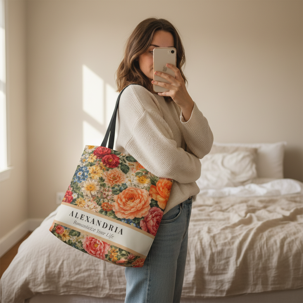 Person holding a floral tote bag with 'Alexandria' branding in a bedroom.