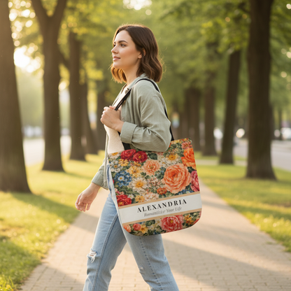 Woman walking outdoors with a floral tote bag labeled 'Alexandria'.