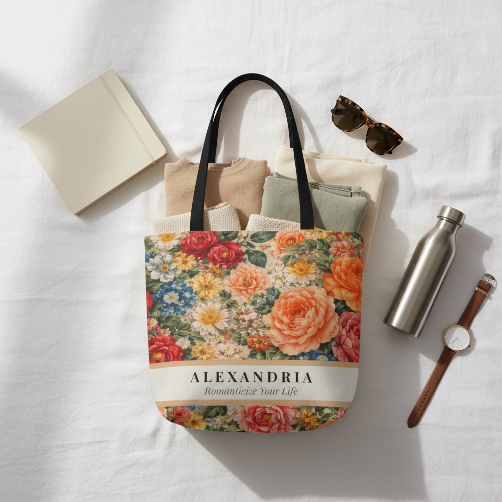 Floral tote bag with sunglasses, water bottle, and watch on a white surface