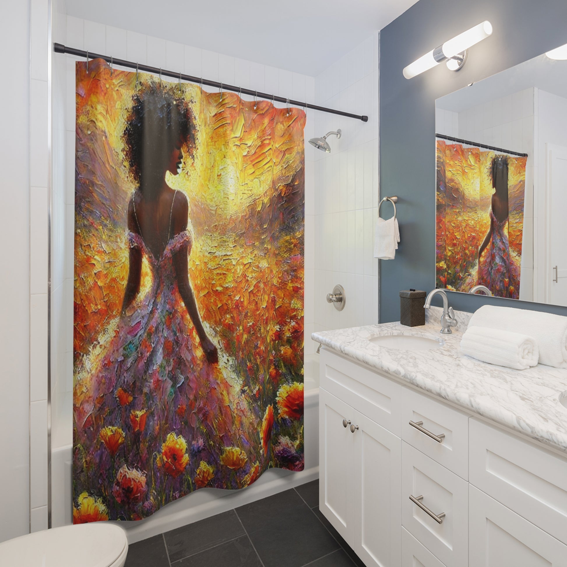 Elegant bathroom setup showcasing the Afrocentric shower curtain as a focal point.