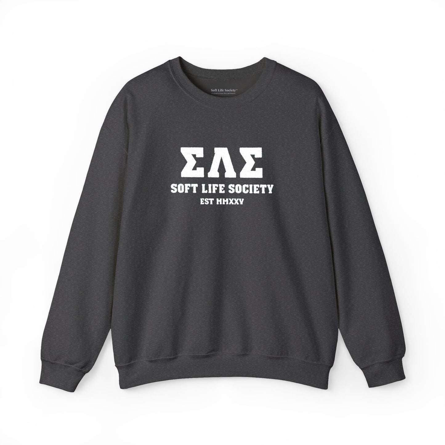 Dark gray sweatshirt with 'Sigma Lambda Gamma Soft Life Society' text on a white background